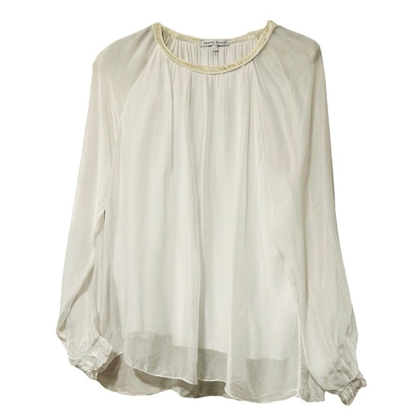TEMPO PARIS Women’s Sheer White Size M/L Gold Embroidered Neckline Blouse - Picture 3 of 4